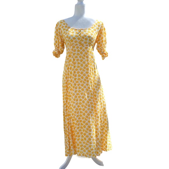 Faithful The Brand Linnie Midi Dress Yellow Floral Puff Sleeve Size 4 - Picture 1 of 11